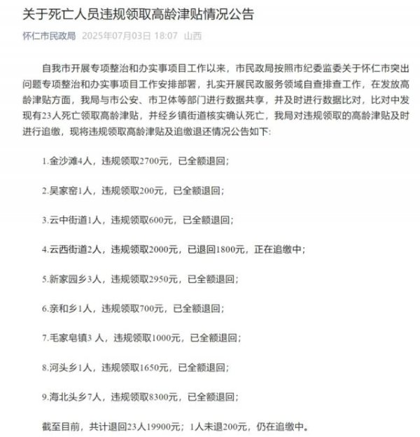 十大配资排行 山西一地通报“23名死亡人员违规领取高龄津贴”：共计退回19900元，1人未退200元